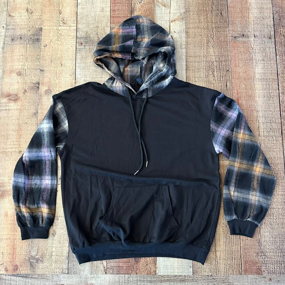 Shein Men's Buffalo Plaid Sleeves Pullover Hooded Sweatshirt Hoodie -S